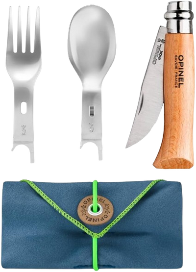 OPINEL - Complete Picnic+ Set - Folding Pocket Knife No. 08 + 2 Inserts, Fork and Spoon + 1 Microfibre Towel Case - Made in France