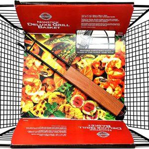 DELUXE REMOVABLE HANDLE GRILL BASKET, FOR BBQ, BLACK. 13.5" X 11" X 4"