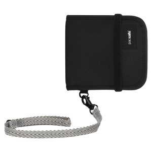 Pacsafe RFIDsafe V100 Anti-Theft Bi-Fold Wallet - RFID Blocking Travel Wallet with Detachable Security Strap - Black